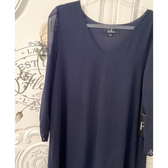 Lulus Shifting Dears Dress Women's L Navy  Split Sleeves V Neck Lined NWT - Picture 7 of 16